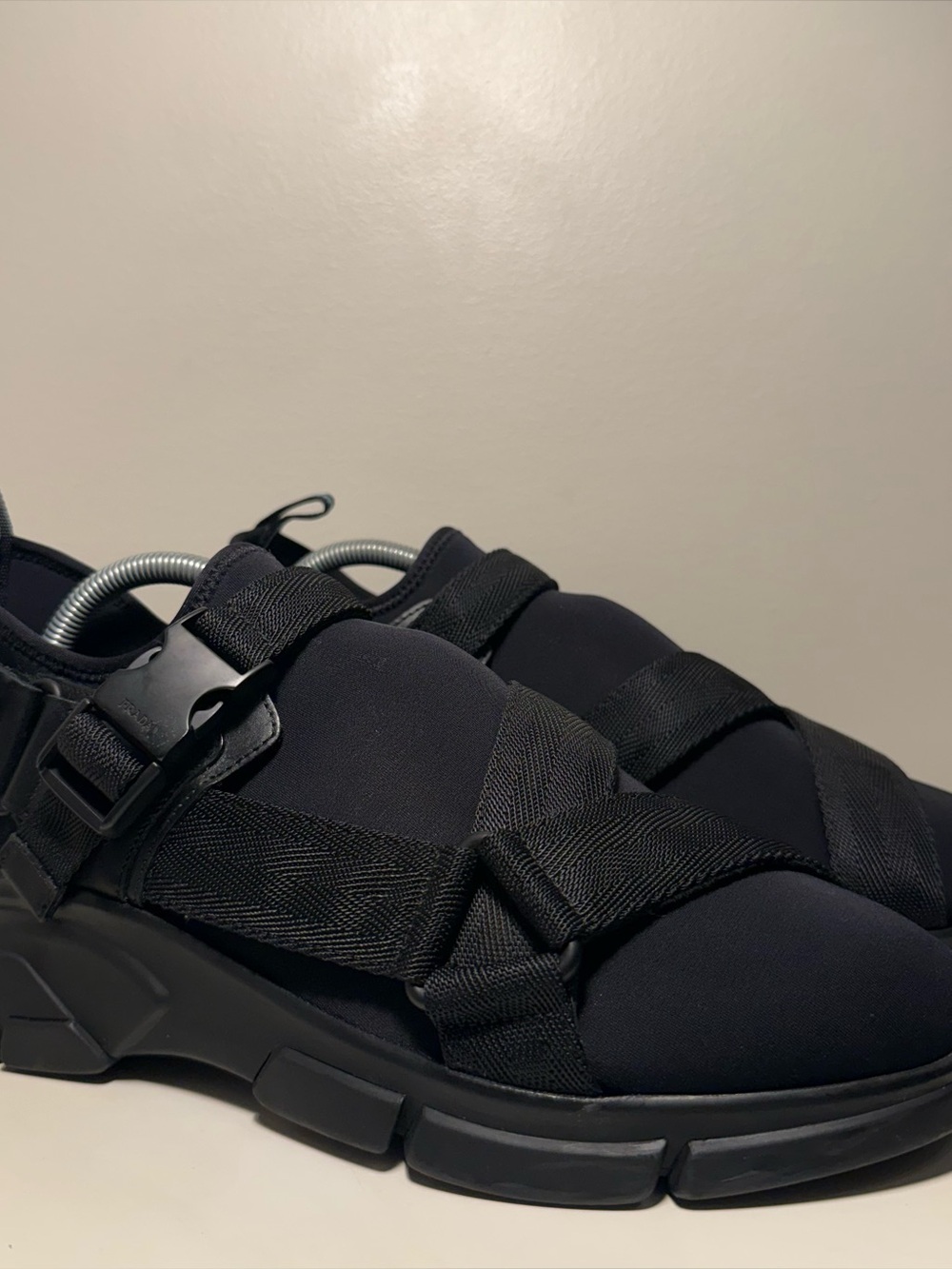 Prada Sport Neoprene Low Top Strap Sneakers Mens Size 7.5 Black Athletic Slip On